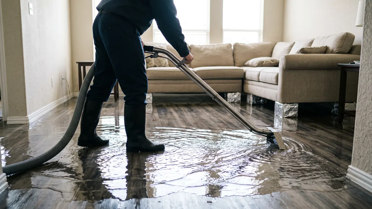 Technician pulling an extraction wand through standing water in a flooded living room